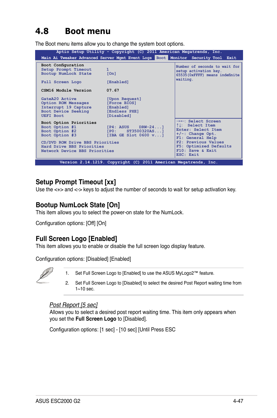 8 boot menu, Boot menu -47, Setup prompt timeout [xx | Bootup numlock state [on, Full screen logo [enabled, Post report [5 sec | Asus ESC2000 G2 User Manual | Page 123 / 226