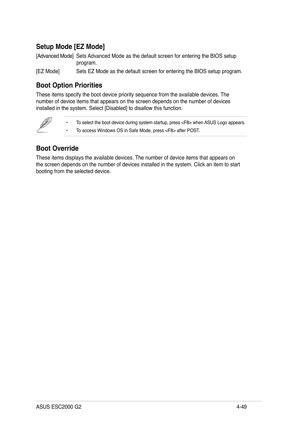 Setup mode [ez mode, Boot option priorities, Boot override | Asus ESC2000 G2 User Manual | Page 125 / 226