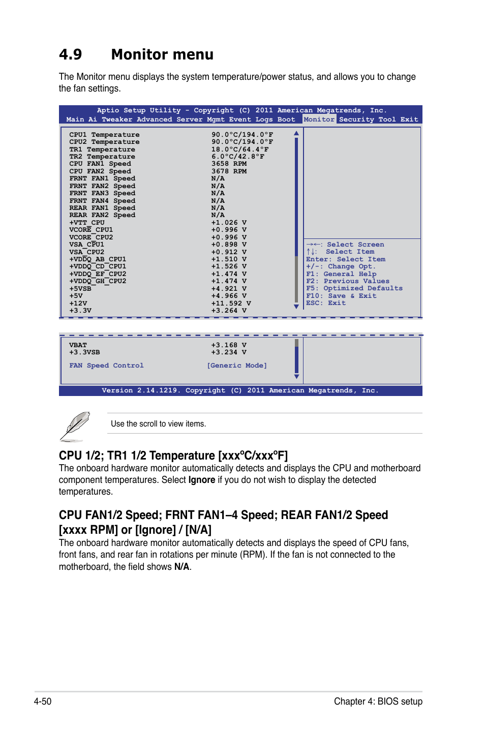 9 monitor menu, Monitor menu -50, 50 chapter 4: bios setup | Asus ESC2000 G2 User Manual | Page 126 / 226