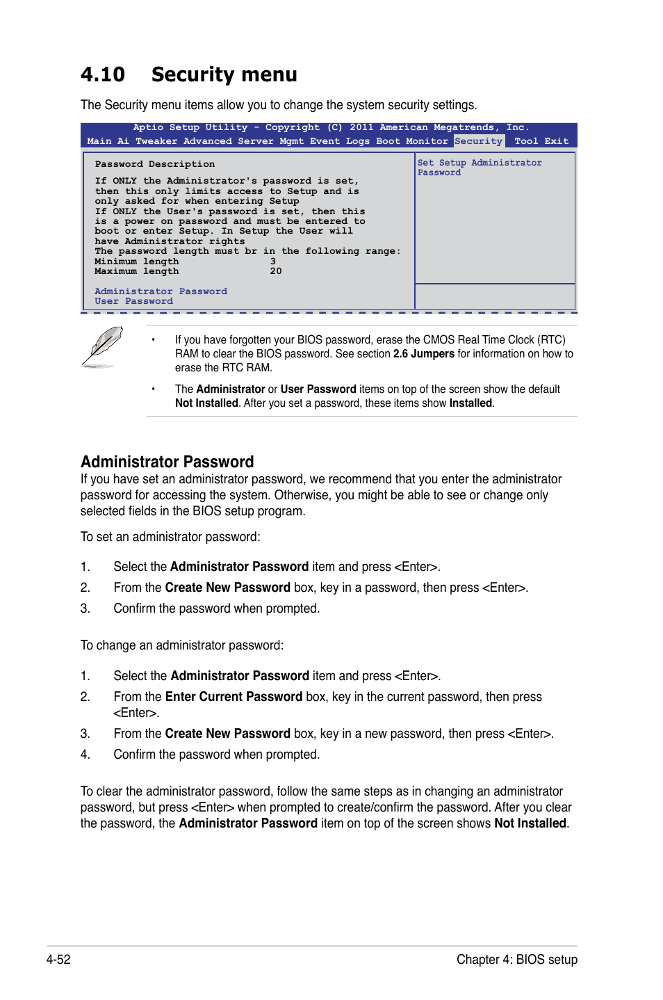 10 security menu, 10 security menu -52, Administrator password | Asus ESC2000 G2 User Manual | Page 128 / 226