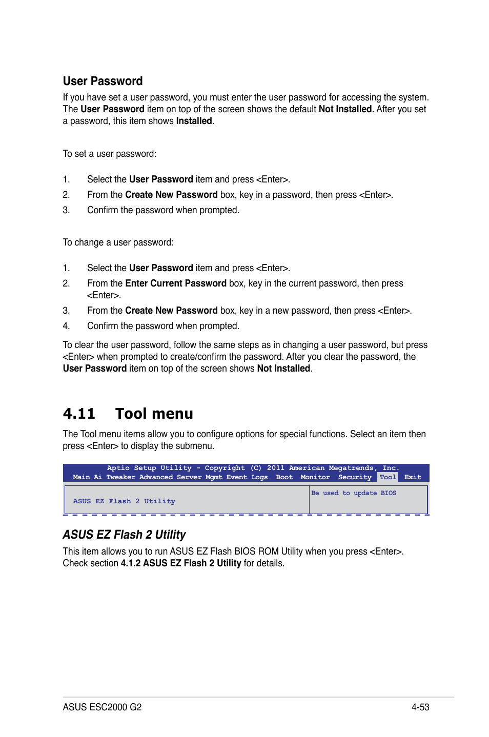 11 tool menu, 11 tool menu -53, User password | Asus ez flash 2 utility | Asus ESC2000 G2 User Manual | Page 129 / 226