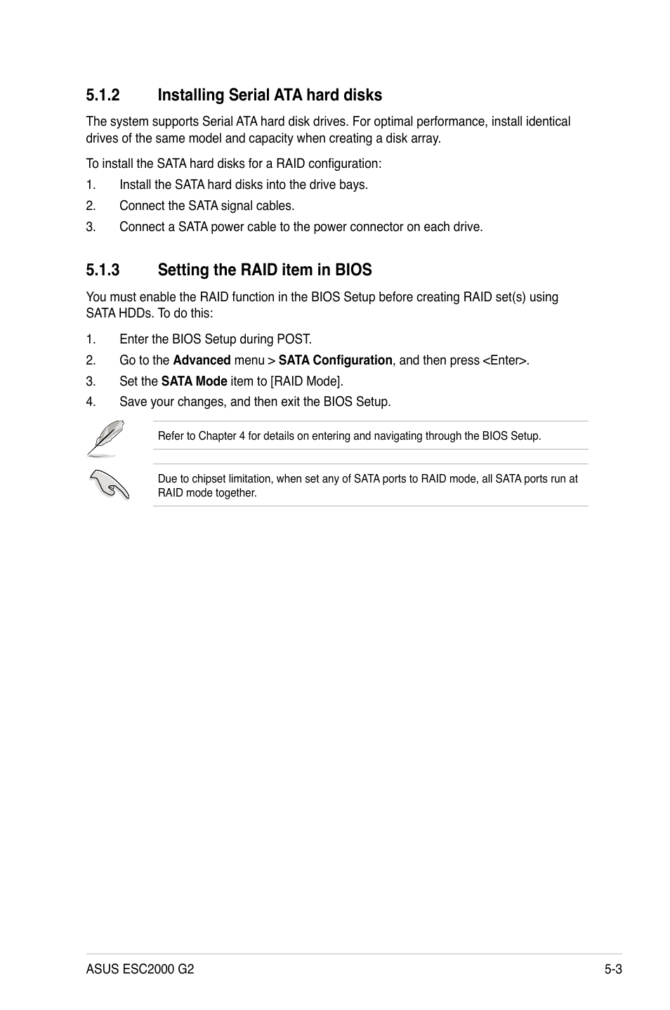 2 installing serial ata hard disks, 3 setting the raid item in bios, Installing serial ata hard disks -3 | Setting the raid item in bios -3 | Asus ESC2000 G2 User Manual | Page 133 / 226