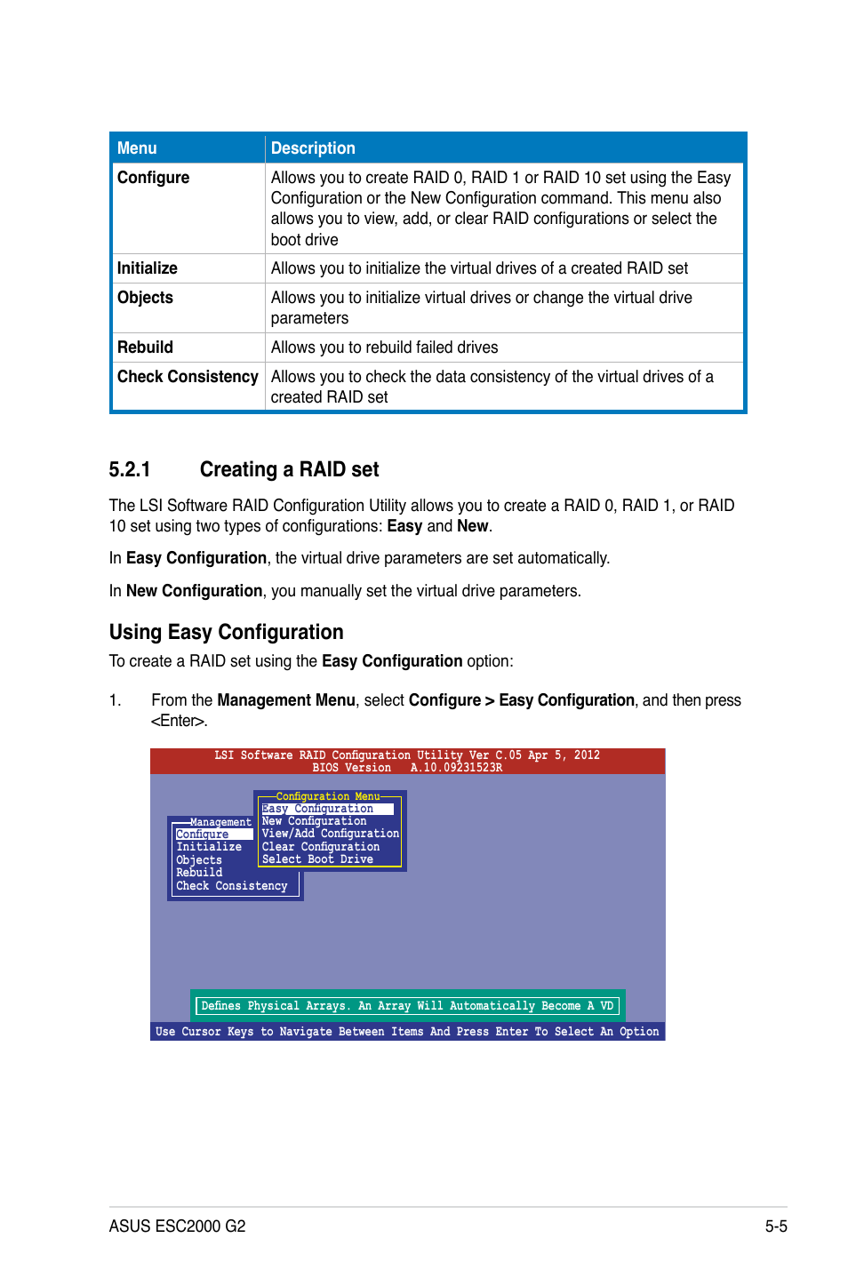 1 creating a raid set, Creating a raid set -5, Using easy configuration | Asus ESC2000 G2 User Manual | Page 135 / 226