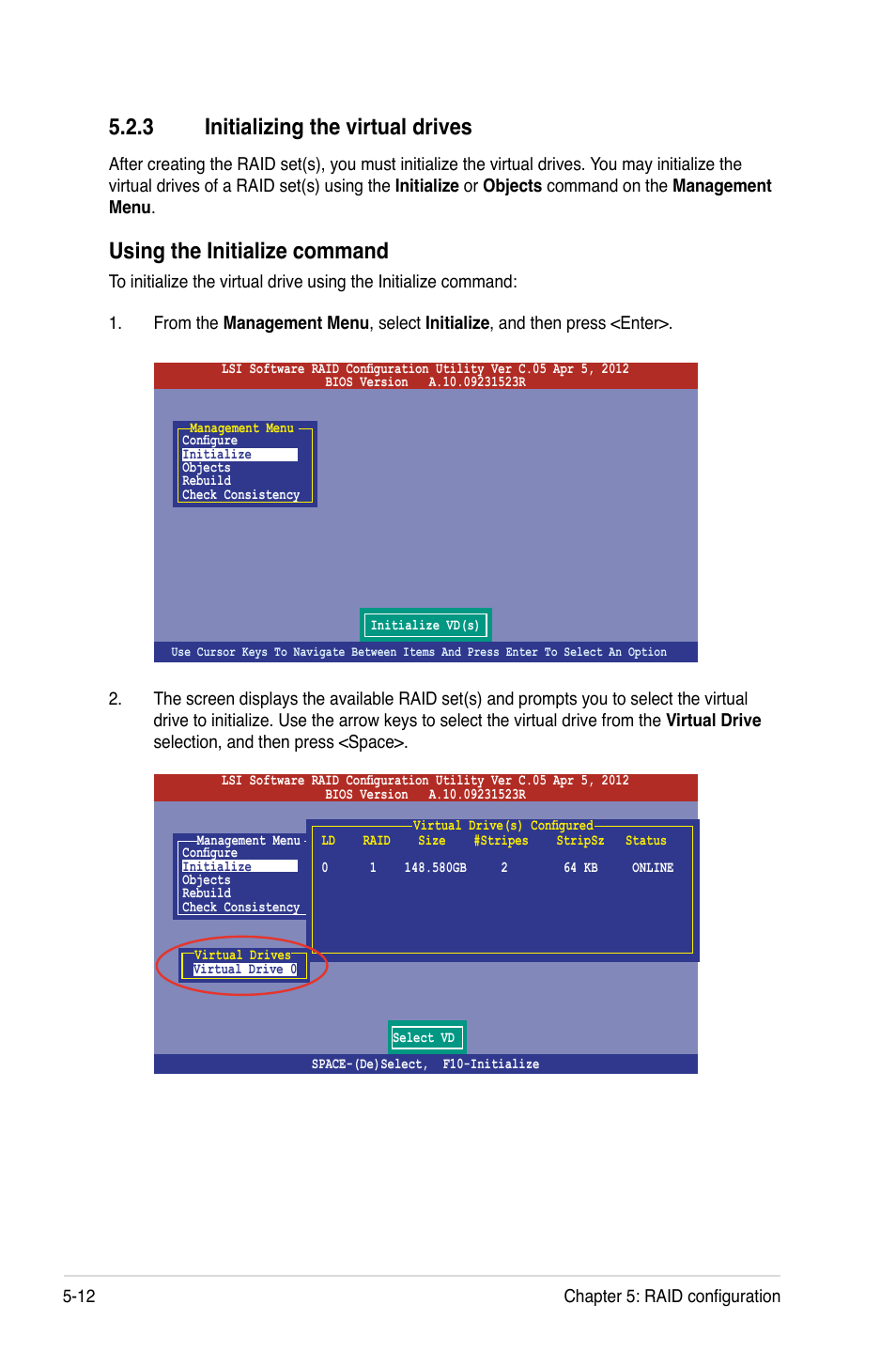 3 initializing the virtual drives, Initializing the virtual drives -12, Using the initialize command | Asus ESC2000 G2 User Manual | Page 142 / 226