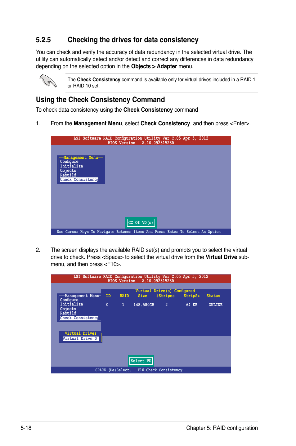 5 checking the drives for data consistency, Checking the drives for data consistency -18, Using the check consistency command | Asus ESC2000 G2 User Manual | Page 148 / 226