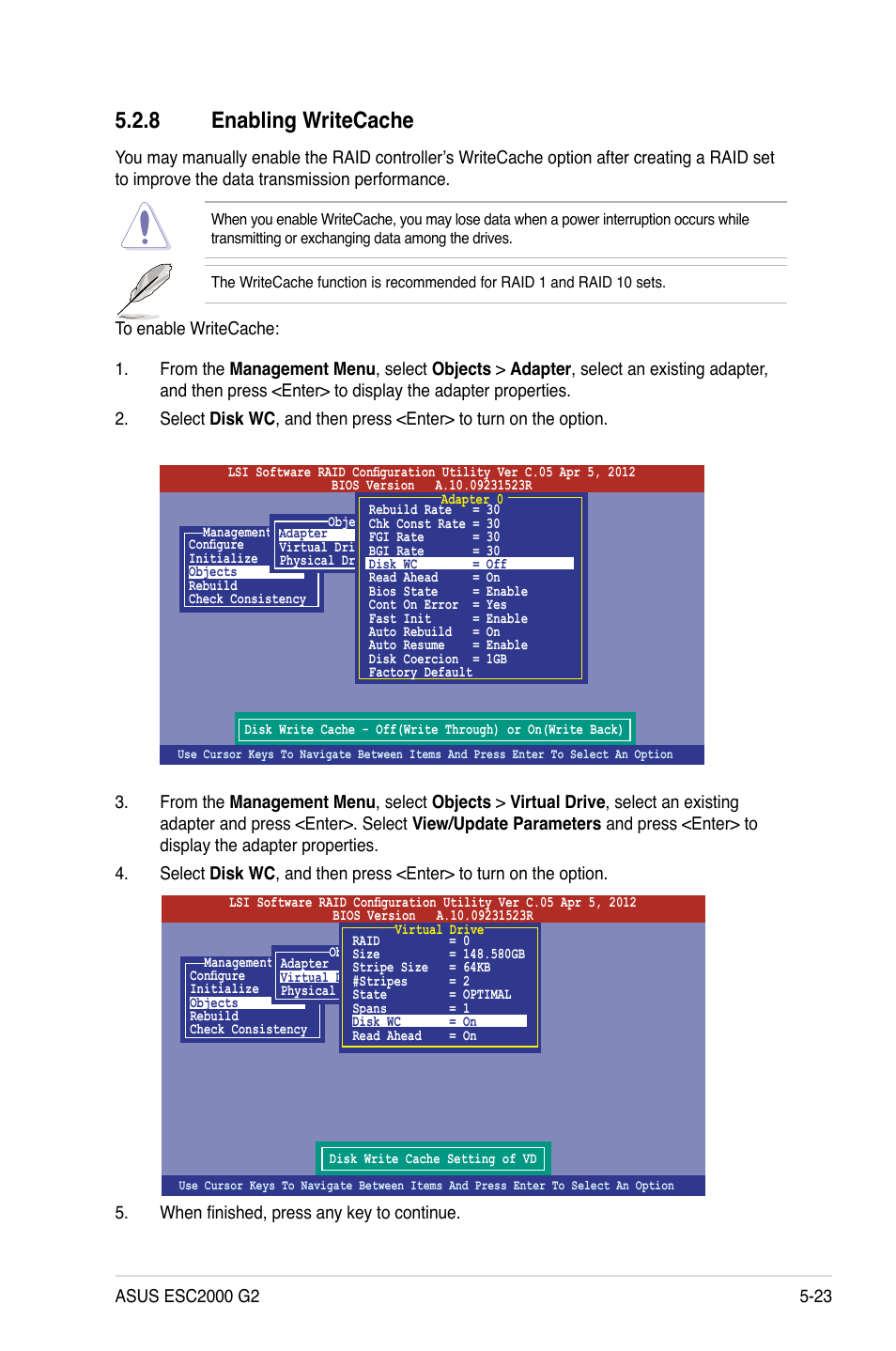 8 enabling writecache, Enabling writecache -23 | Asus ESC2000 G2 User Manual | Page 153 / 226