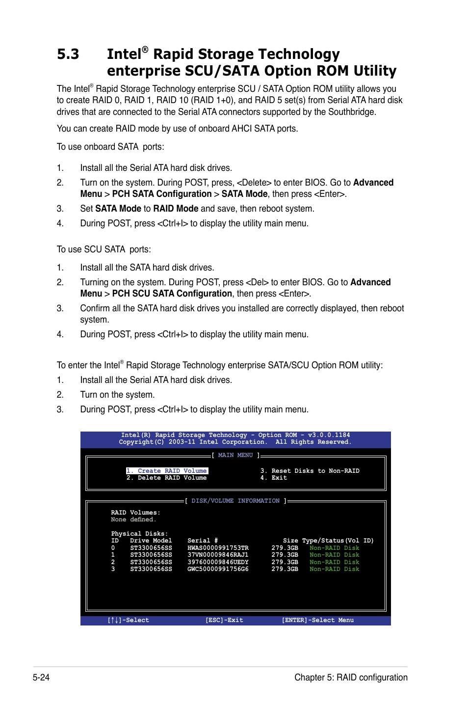 Intel, Rapid storage technology enterprise scu/sata, Option rom utility -24 | 3 intel | Asus ESC2000 G2 User Manual | Page 154 / 226