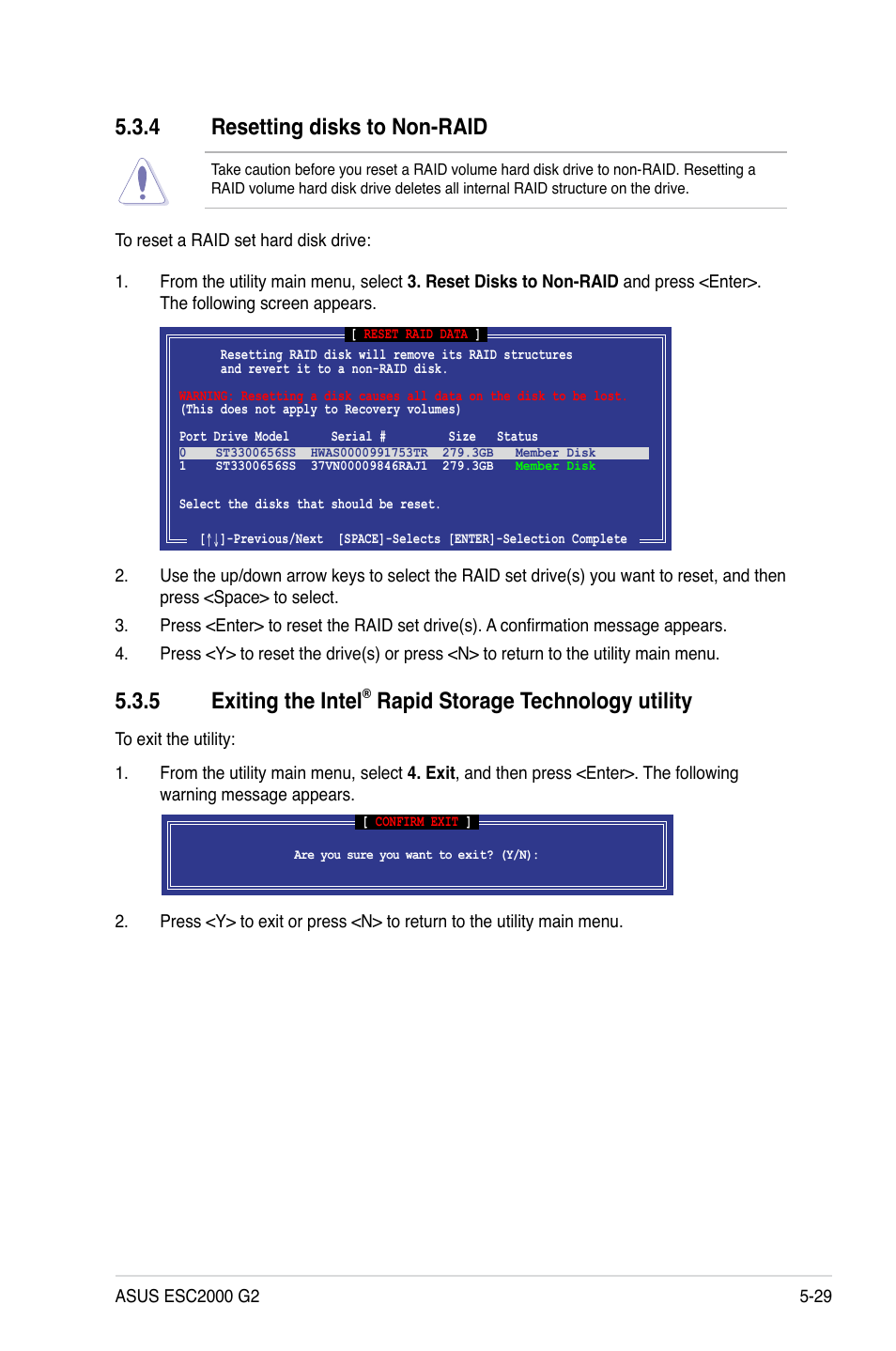 4 resetting disks to non-raid, Resetting disks to non-raid -29, Exiting the intel | Rapid storage technology utility -29, 5 exiting the intel, Rapid storage technology utility | Asus ESC2000 G2 User Manual | Page 159 / 226