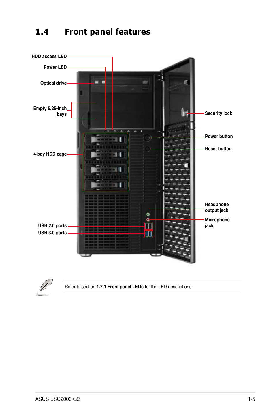 4 front panel features, Front panel features -5 | Asus ESC2000 G2 User Manual | Page 17 / 226