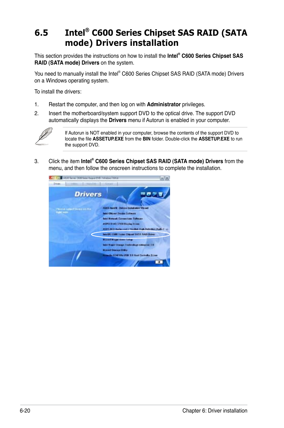 Intel, C600 series chipset sas raid (sata mode), Drivers installation -20 | 5 intel | Asus ESC2000 G2 User Manual | Page 194 / 226