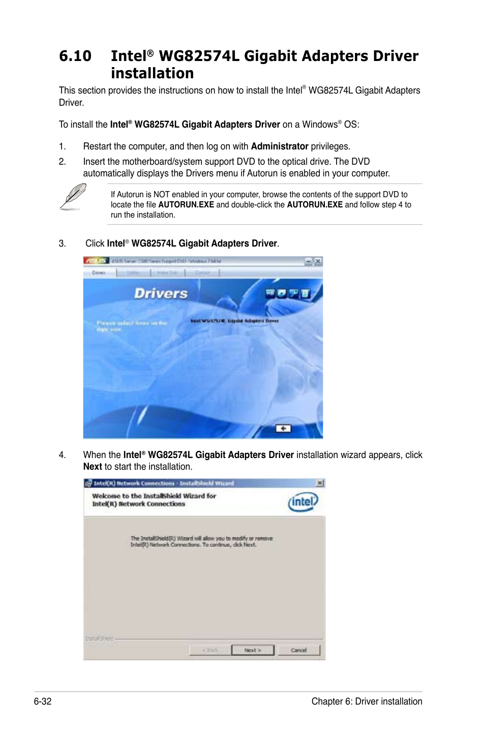 10 intel, Wg82574l gigabit adapters driver installation -32 | Asus ESC2000 G2 User Manual | Page 206 / 226