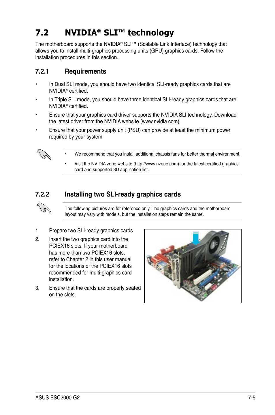 2 nvidia® sli™ technology, 1 requirements, 2 installing two sli-ready graphics cards | Nvidia, Sli™ technology -5, Requirements -5, Installing two sli-ready graphics cards -5, 2 nvidia, Sli™ technology | Asus ESC2000 G2 User Manual | Page 219 / 226