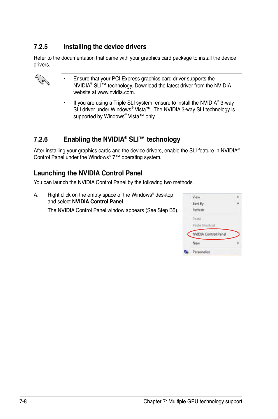 5 installing the device drivers, 6 enabling the nvidia® sli™ technology, Installing the device drivers -8 | Enabling the nvidia, Sli™ technology -8, 6 enabling the nvidia, Sli™ technology, Launching the nvidia control panel | Asus ESC2000 G2 User Manual | Page 222 / 226