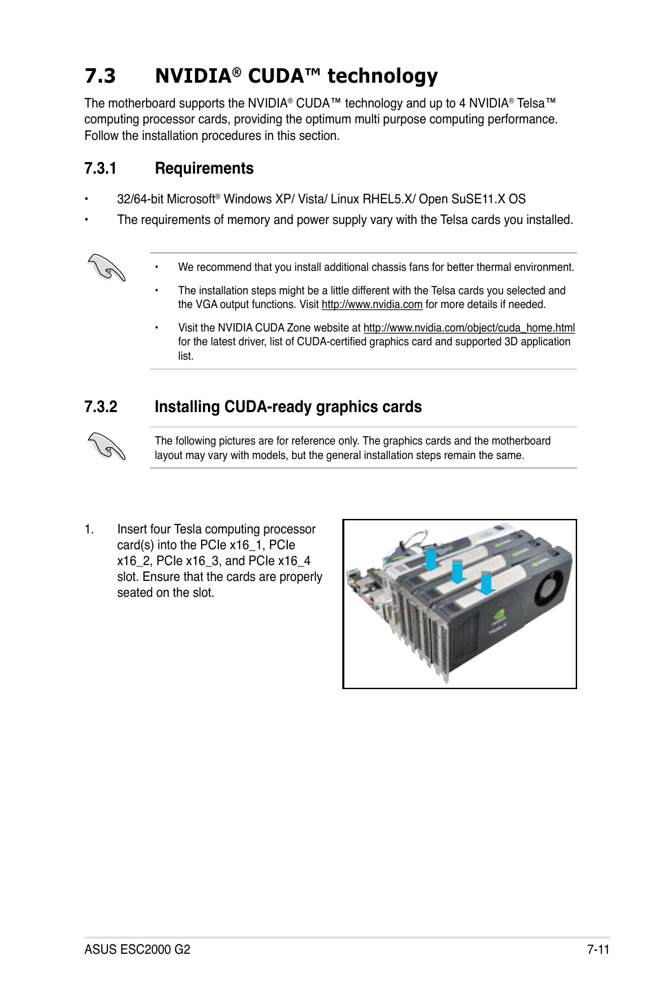 3 nvidia® cuda™ technology, 1 requirements, 2 installing cuda-ready graphics cards | Nvidia, Cuda™ technology -11, Requirements -11, Installing cuda-ready graphics cards -11, 3 nvidia, Cuda™ technology | Asus ESC2000 G2 User Manual | Page 225 / 226