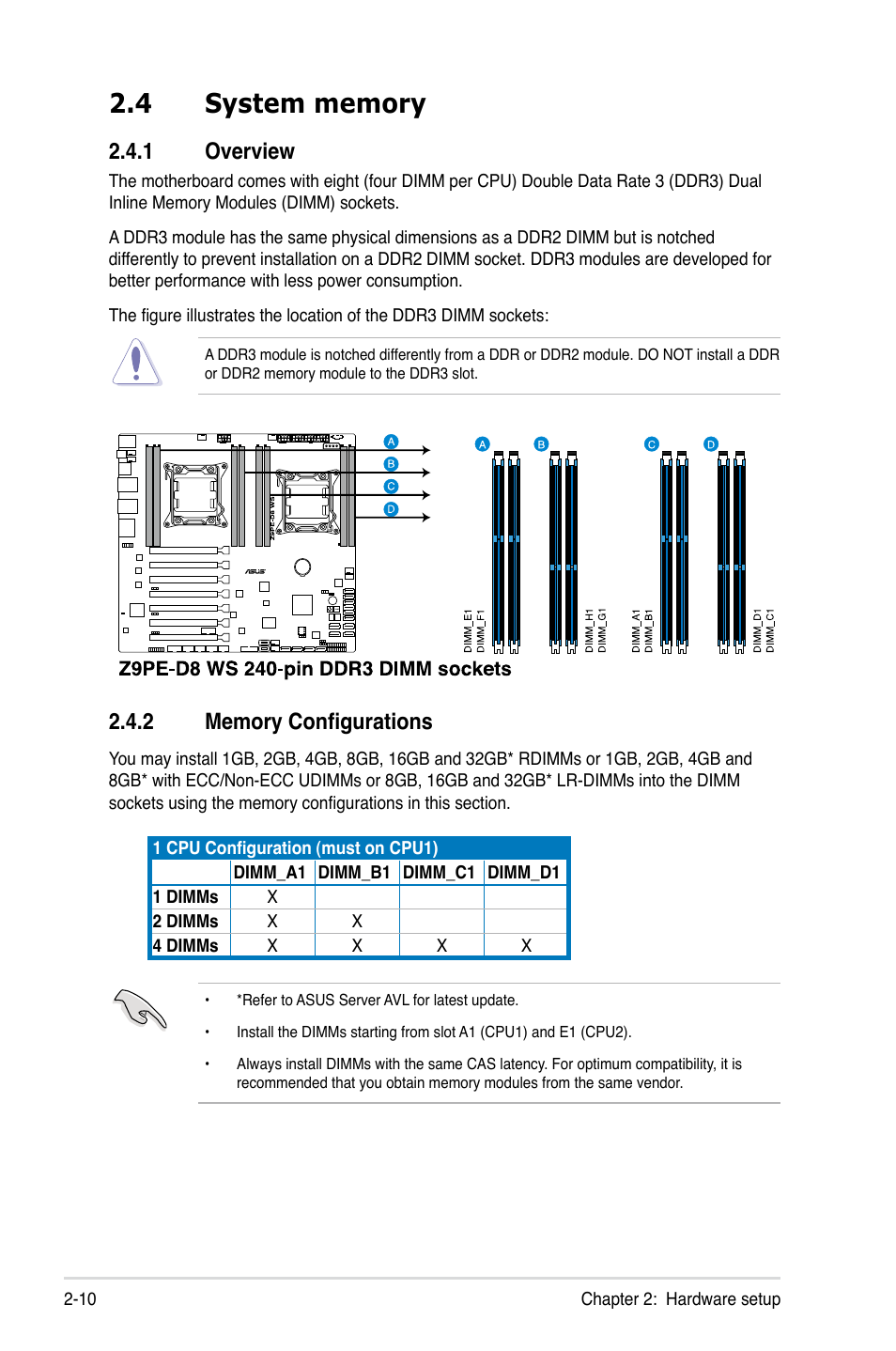 4 system memory, 1 overview, 2 memory configurations | System memory -10 2.4.1, Overview -10, Memory configurations -10 | Asus ESC2000 G2 User Manual | Page 30 / 226