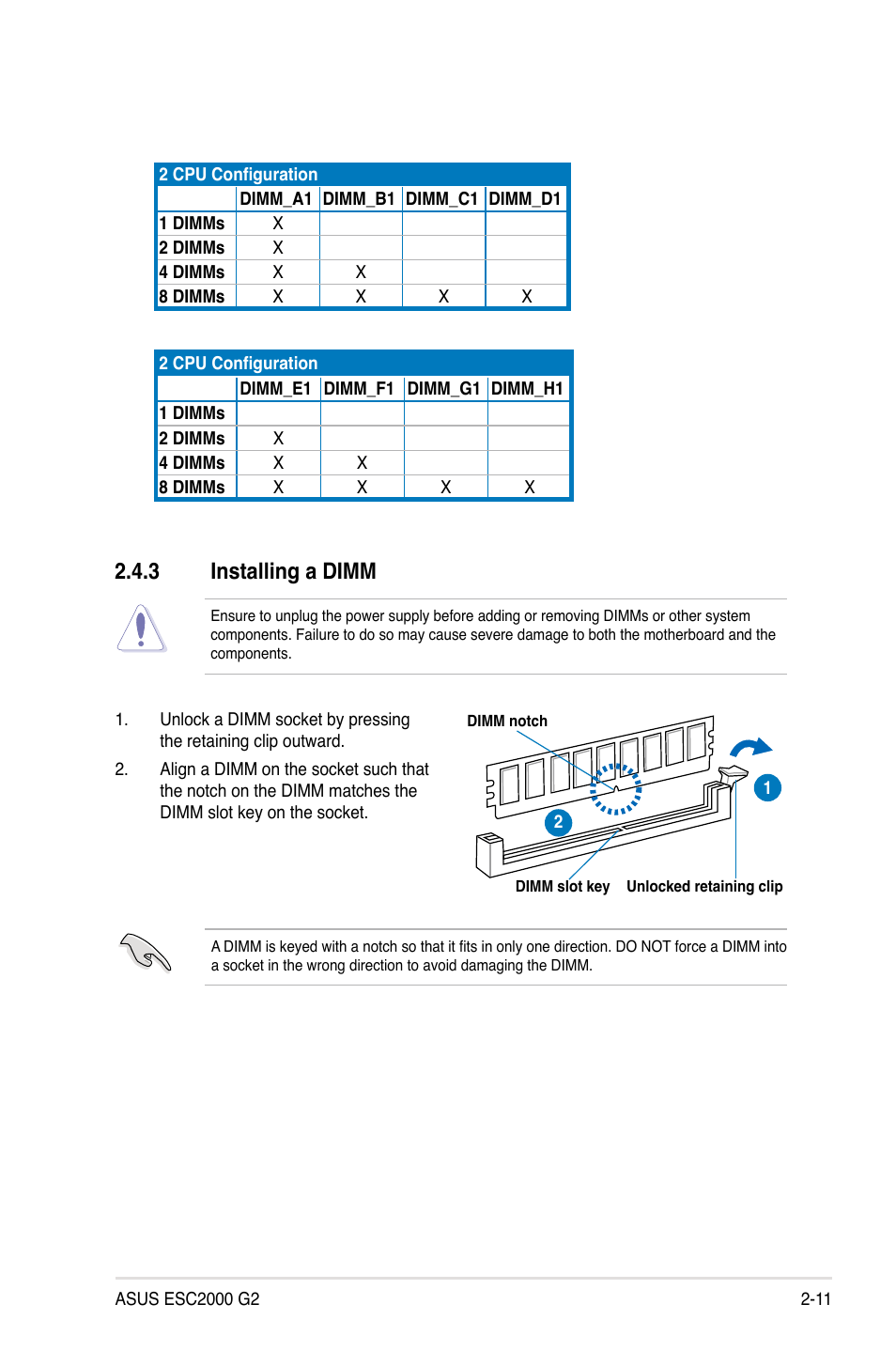 3 installing a dimm, Installing a dimm -11 | Asus ESC2000 G2 User Manual | Page 31 / 226