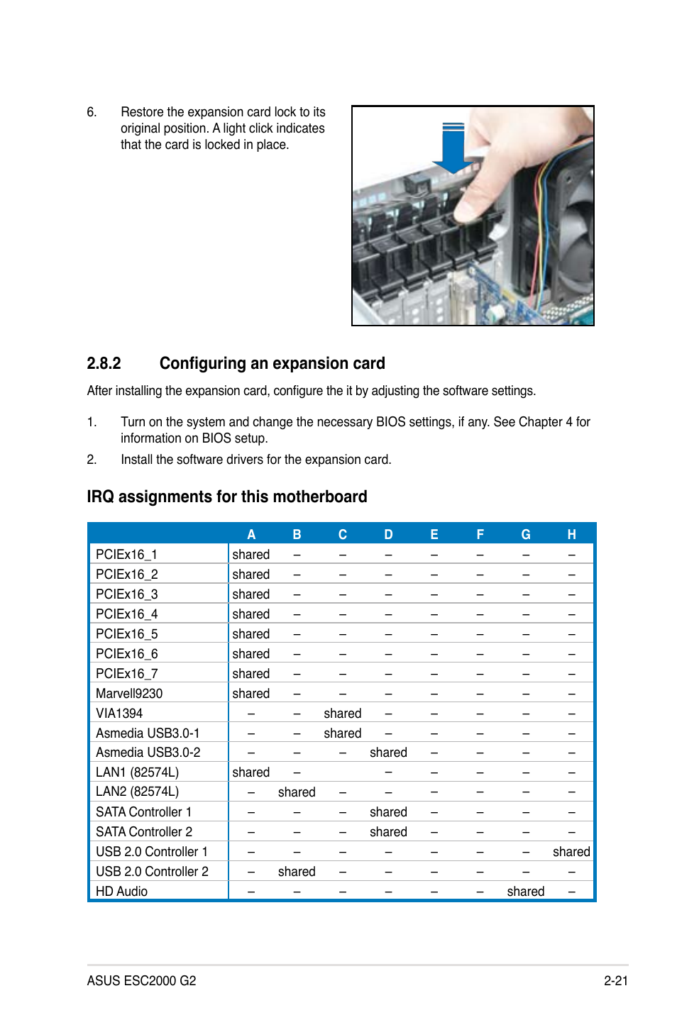 2 configuring an expansion card, Configuring an expansion card -21, Irq assignments for this motherboard | Asus ESC2000 G2 User Manual | Page 41 / 226