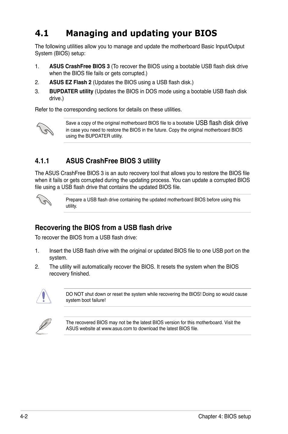 1 managing and updating your bios, 1 asus crashfree bios 3 utility, Managing and updating your bios -2 4.1.1 | Asus crashfree bios 3 utility -2, Recovering the bios from a usb flash drive | Asus ESC2000 G2 User Manual | Page 78 / 226