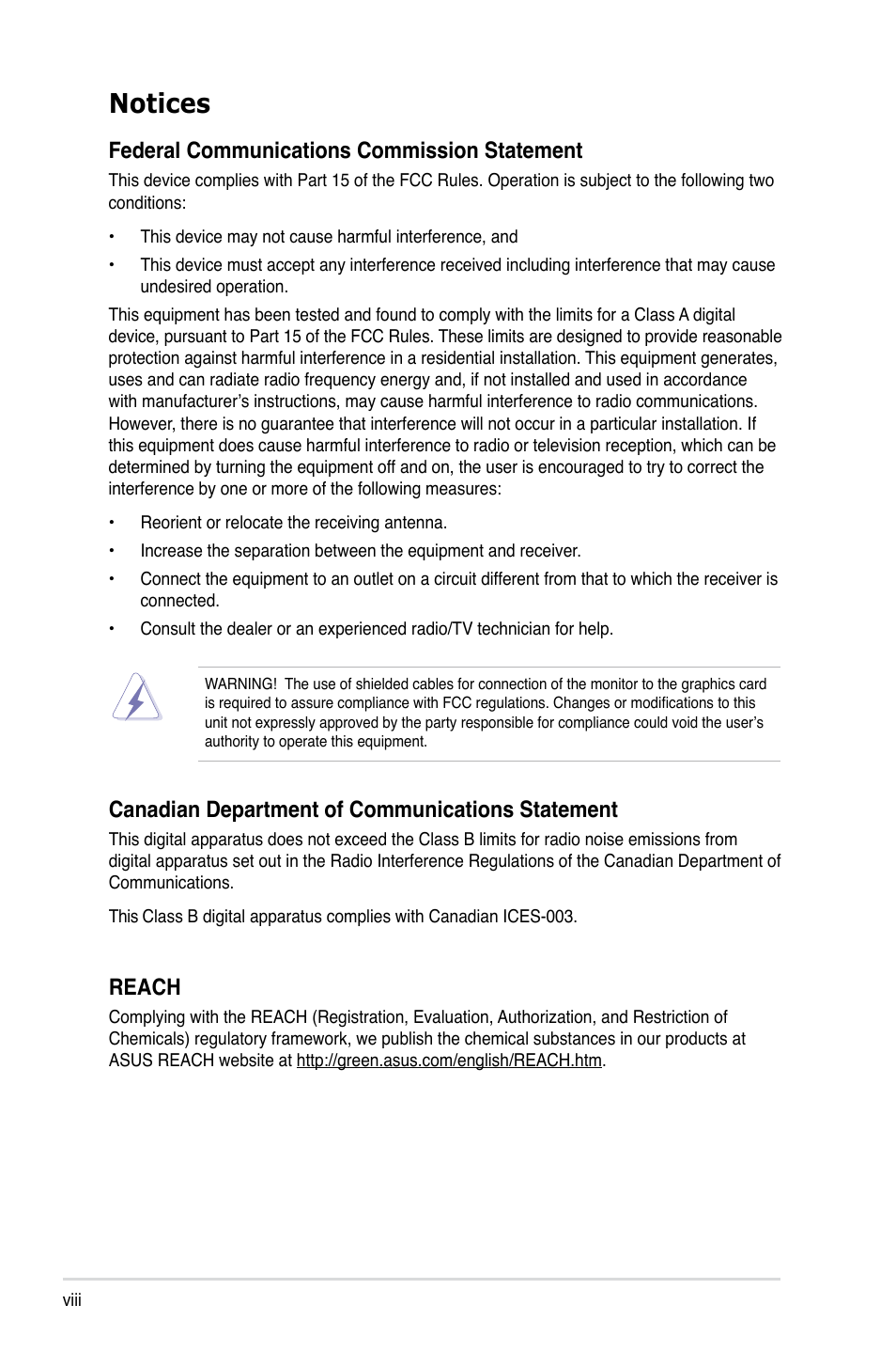 Notices, Federal communications commission statement, Canadian department of communications statement | Reach | Asus ESC2000 G2 User Manual | Page 8 / 226