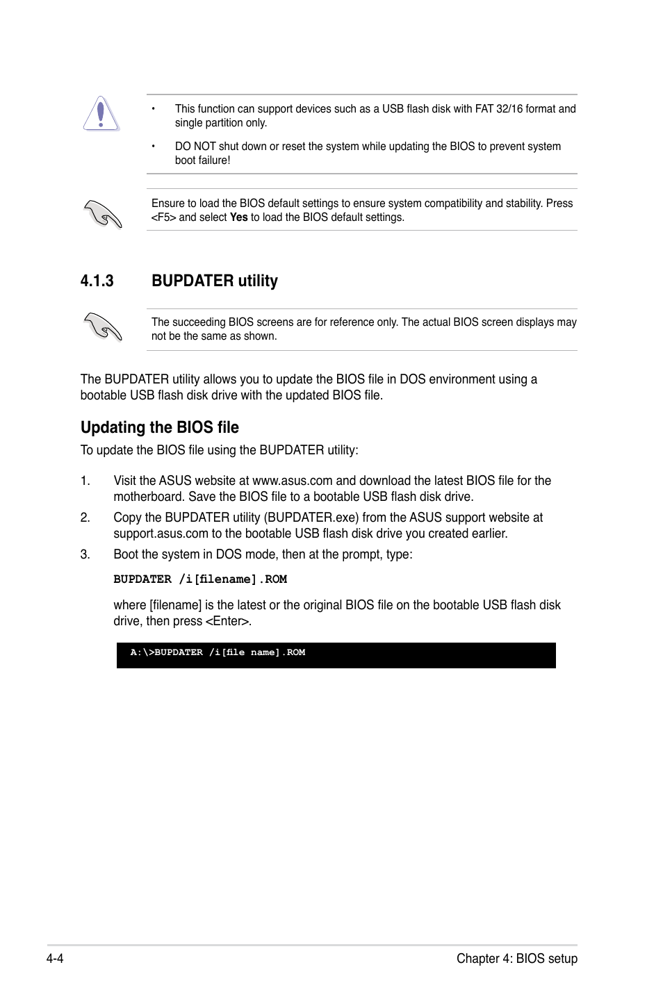 3 bupdater utility, Bupdater utility -4, Updating the bios file | Asus ESC2000 G2 User Manual | Page 80 / 226