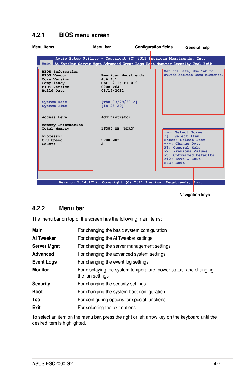 1 bios menu screen, 2 menu bar, Bios menu screen -7 | Menu bar -7 | Asus ESC2000 G2 User Manual | Page 83 / 226