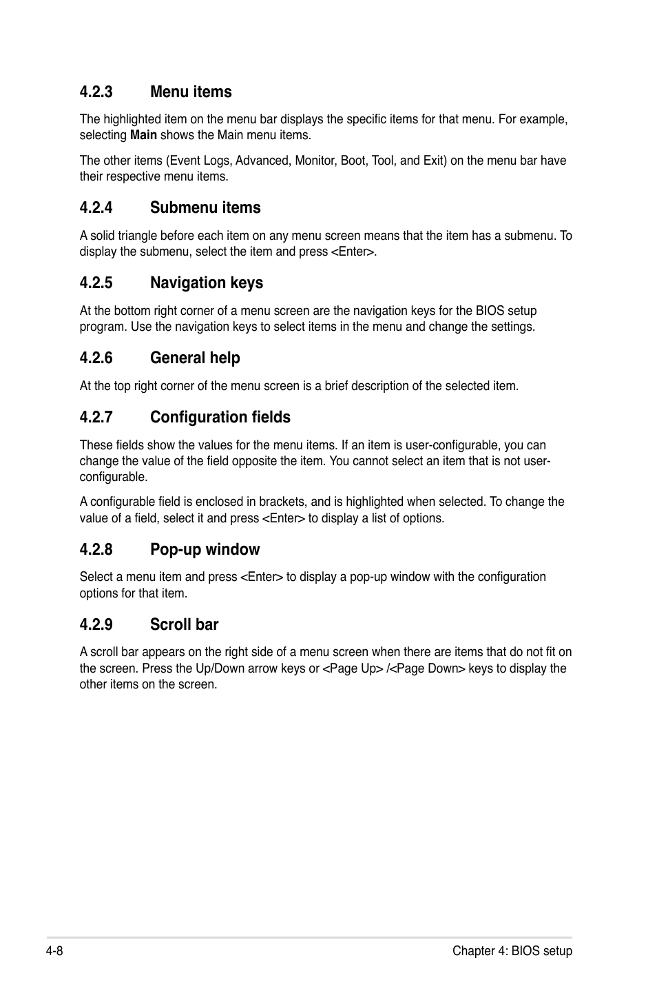 3 menu items, 4 submenu items, 5 navigation keys | 6 general help, 7 configuration fields, 8 pop-up window, 9 scroll bar, Menu items -8, Submenu items -8, Navigation keys -8 | Asus ESC2000 G2 User Manual | Page 84 / 226