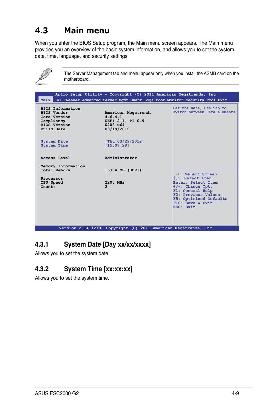 3 main menu, 1 system date [day xx/xx/xxxx, 2 system time [xx:xx:xx | Main menu -9 4.3.1, System date [day xx/xx/xxxx] -9, System time [xx:xx:xx] -9 | Asus ESC2000 G2 User Manual | Page 85 / 226