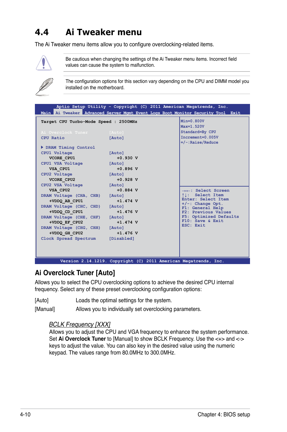 4 ai tweaker menu, Ai tweaker menu -10, Ai overclock tuner [auto | Bclk frequency [xxx, 10 chapter 4: bios setup | Asus ESC2000 G2 User Manual | Page 86 / 226