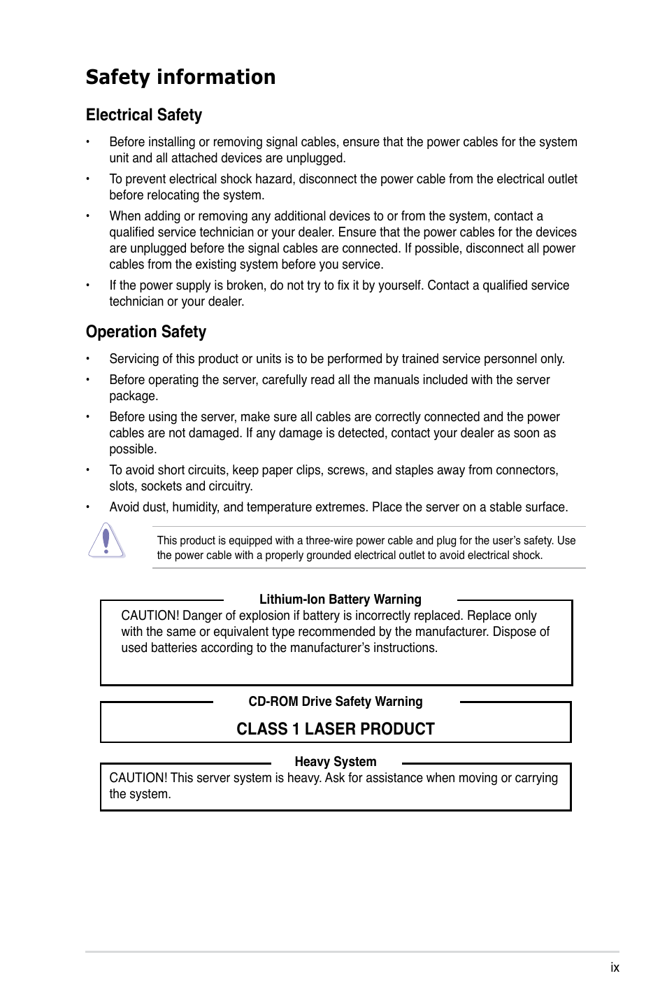 Safety information, Electrical safety, Operation safety | Class 1 laser product | Asus ESC2000 G2 User Manual | Page 9 / 226