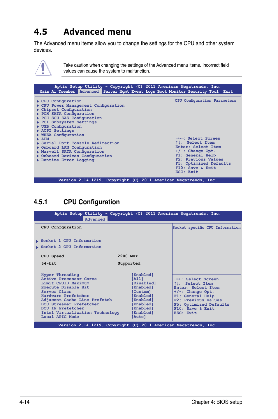 5 advanced menu, 1 cpu configuration, Advanced menu -14 4.5.1 | Cpu configuration -14, 14 chapter 4: bios setup | Asus ESC2000 G2 User Manual | Page 90 / 226