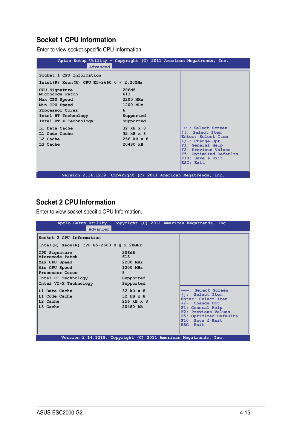 Socket 1 cpu information, Socket 2 cpu information, Enter to view socket specific cpu information | Asus ESC2000 G2 User Manual | Page 91 / 226