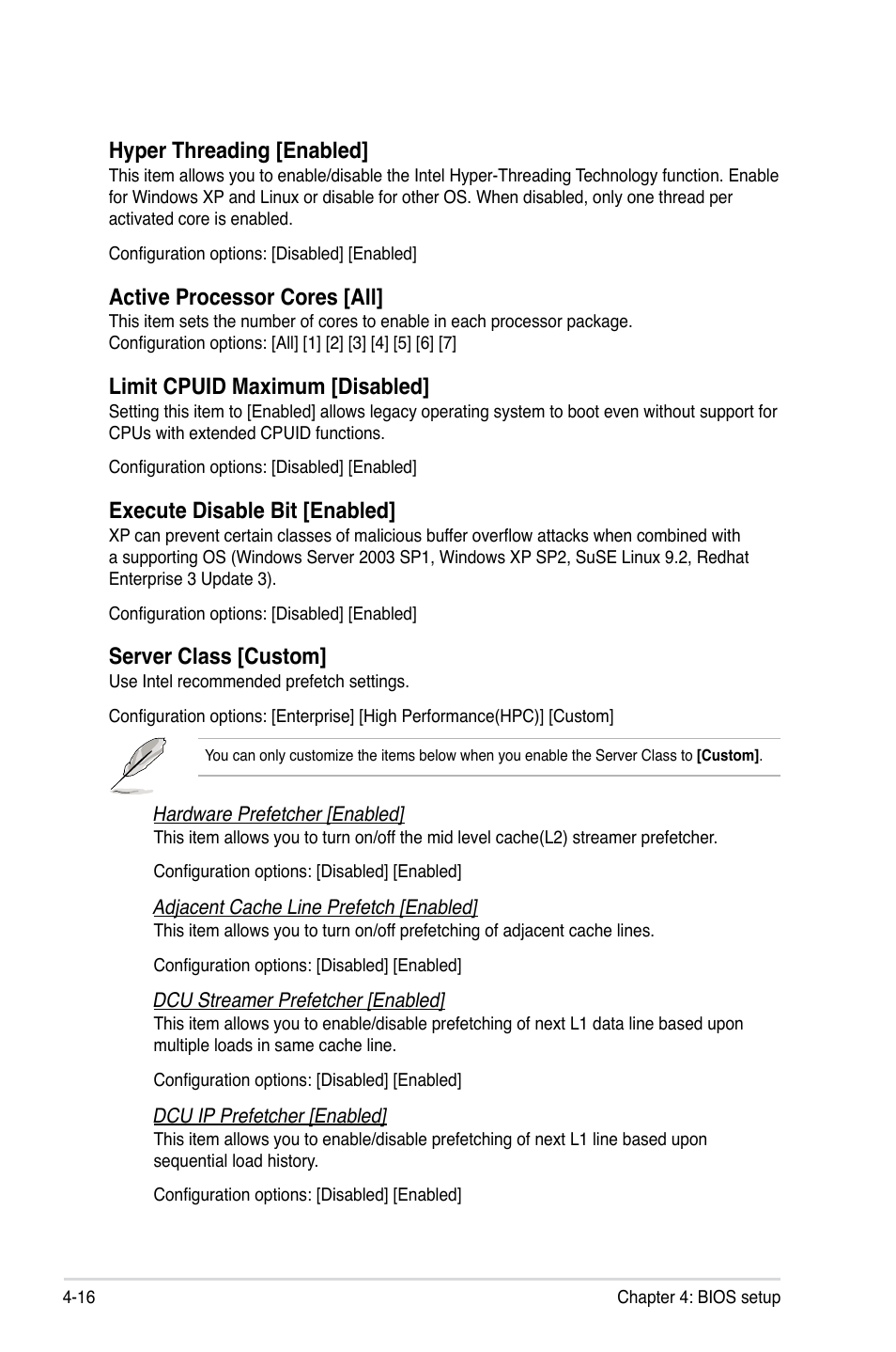 Hyper threading [enabled, Active processor cores [all, Limit cpuid maximum [disabled | Execute disable bit [enabled, Server class [custom | Asus ESC2000 G2 User Manual | Page 92 / 226