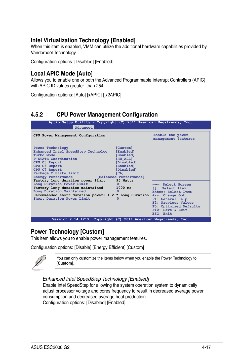 2 cpu power management configuration, Cpu power management configuration -17, Intel virtualization technology [enabled | Local apic mode [auto, Power technology [custom, Enhanced intel speedstep technology [enabled | Asus ESC2000 G2 User Manual | Page 93 / 226