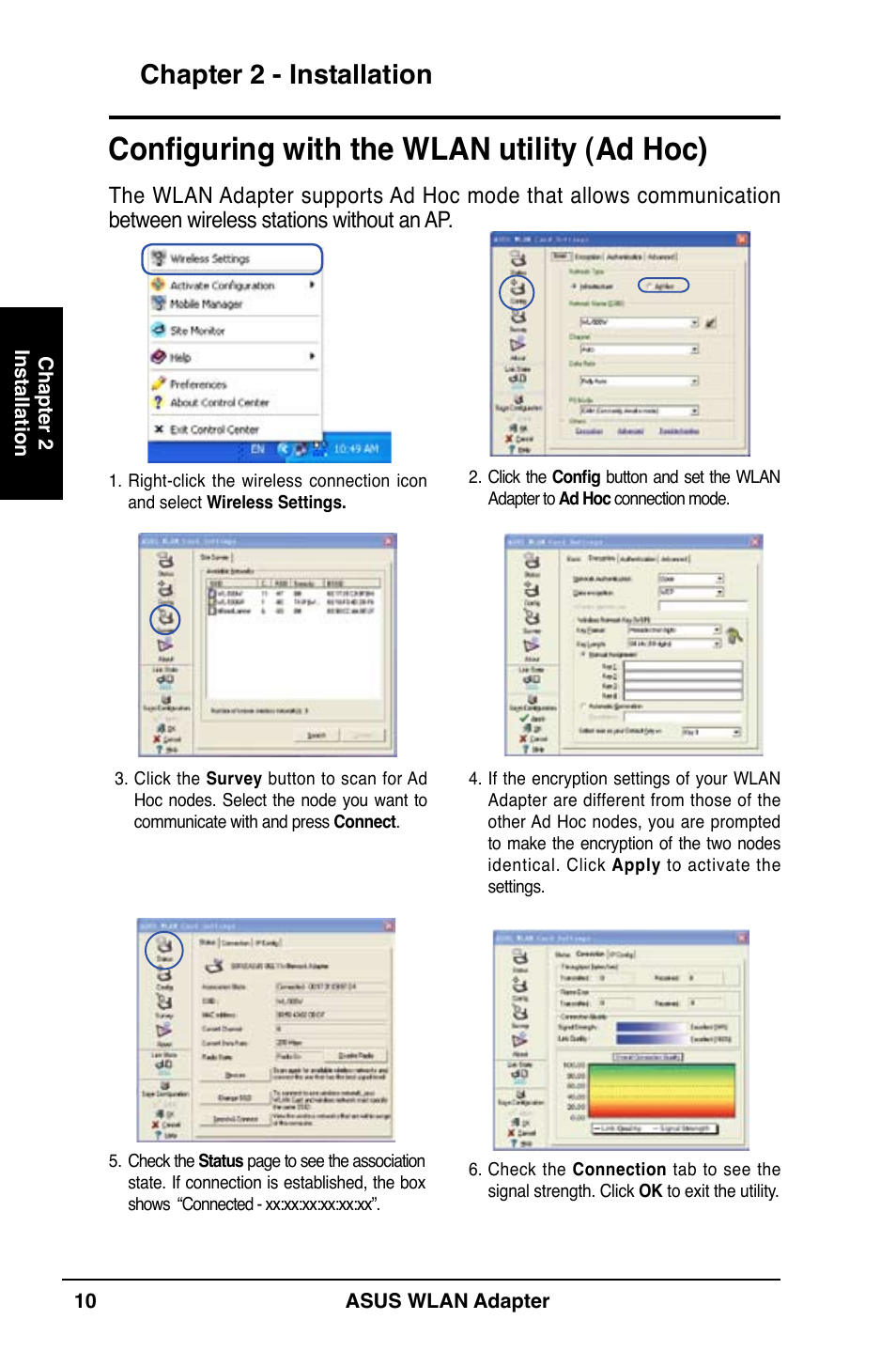 Configuring with the wlan utility (ad hoc), Chapter 2 - installation | Asus WL-160N User Manual | Page 10 / 38