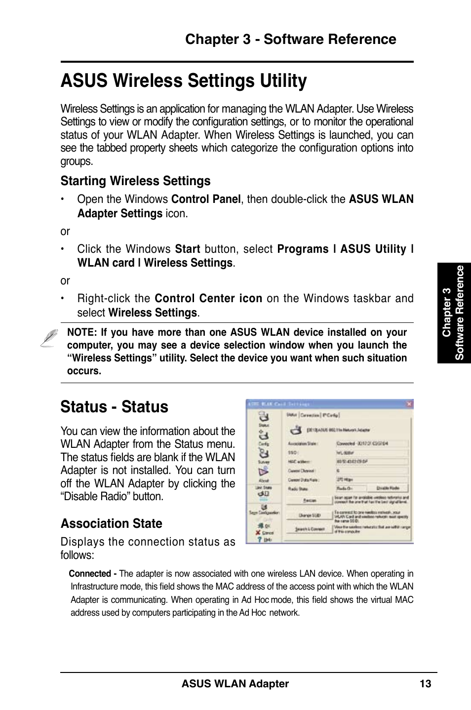 Asus wireless settings utility, Status - status, Chapter 3 - software reference | Association state, Starting wireless settings | Asus WL-160N User Manual | Page 13 / 38