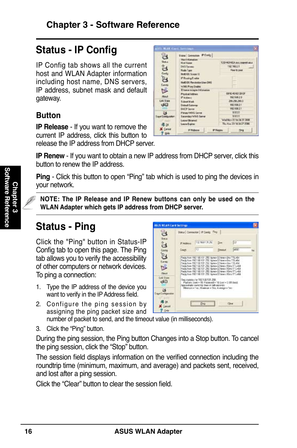 Status - ip config, Status - ping, Chapter 3 - software reference | Asus WL-160N User Manual | Page 16 / 38