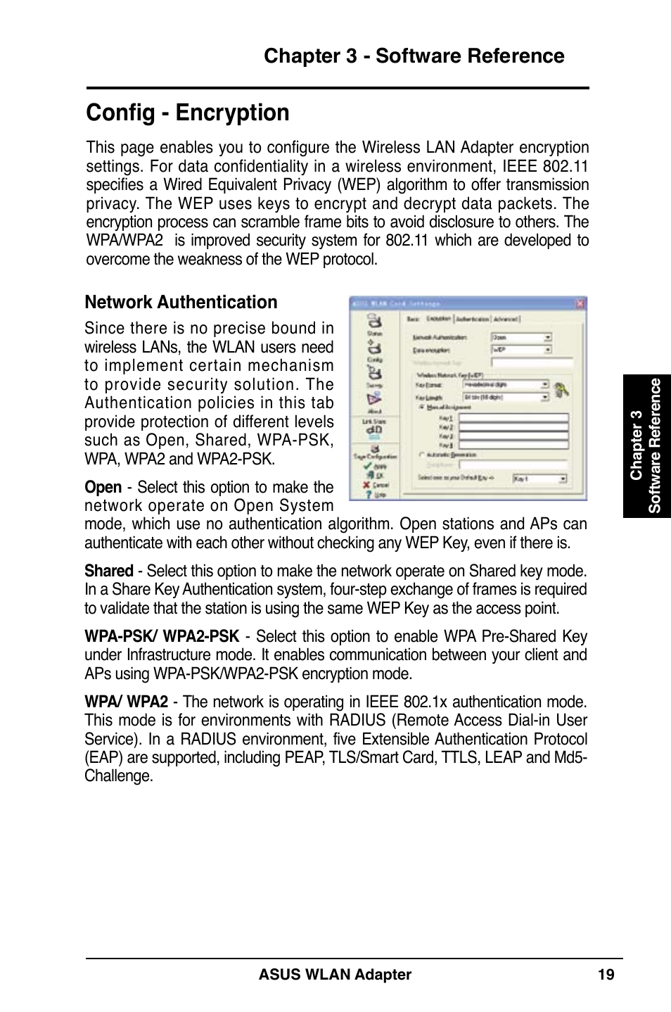 Config - encryption, Chapter 3 - software reference | Asus WL-160N User Manual | Page 19 / 38