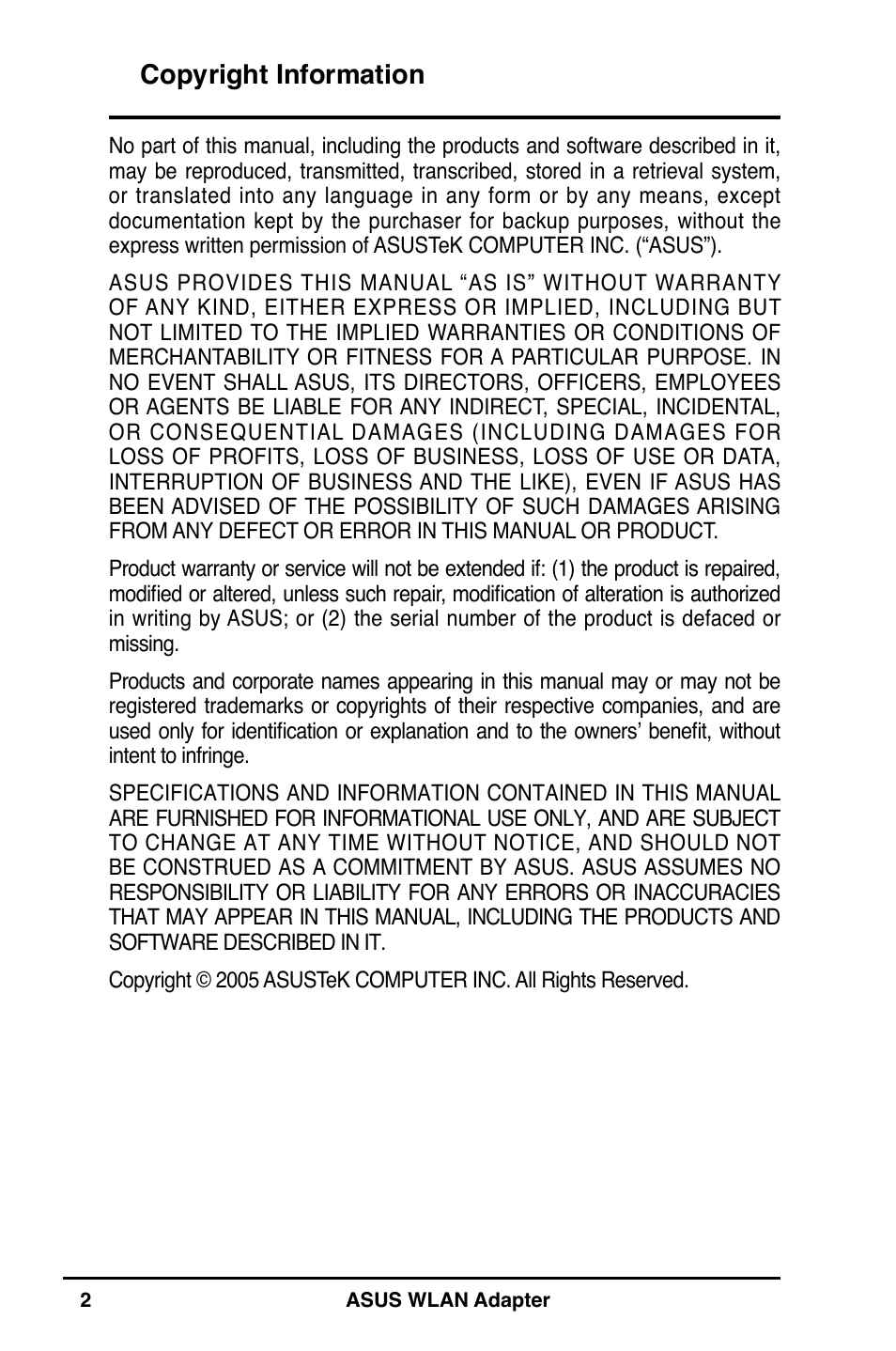 Copyright information | Asus WL-160N User Manual | Page 2 / 38