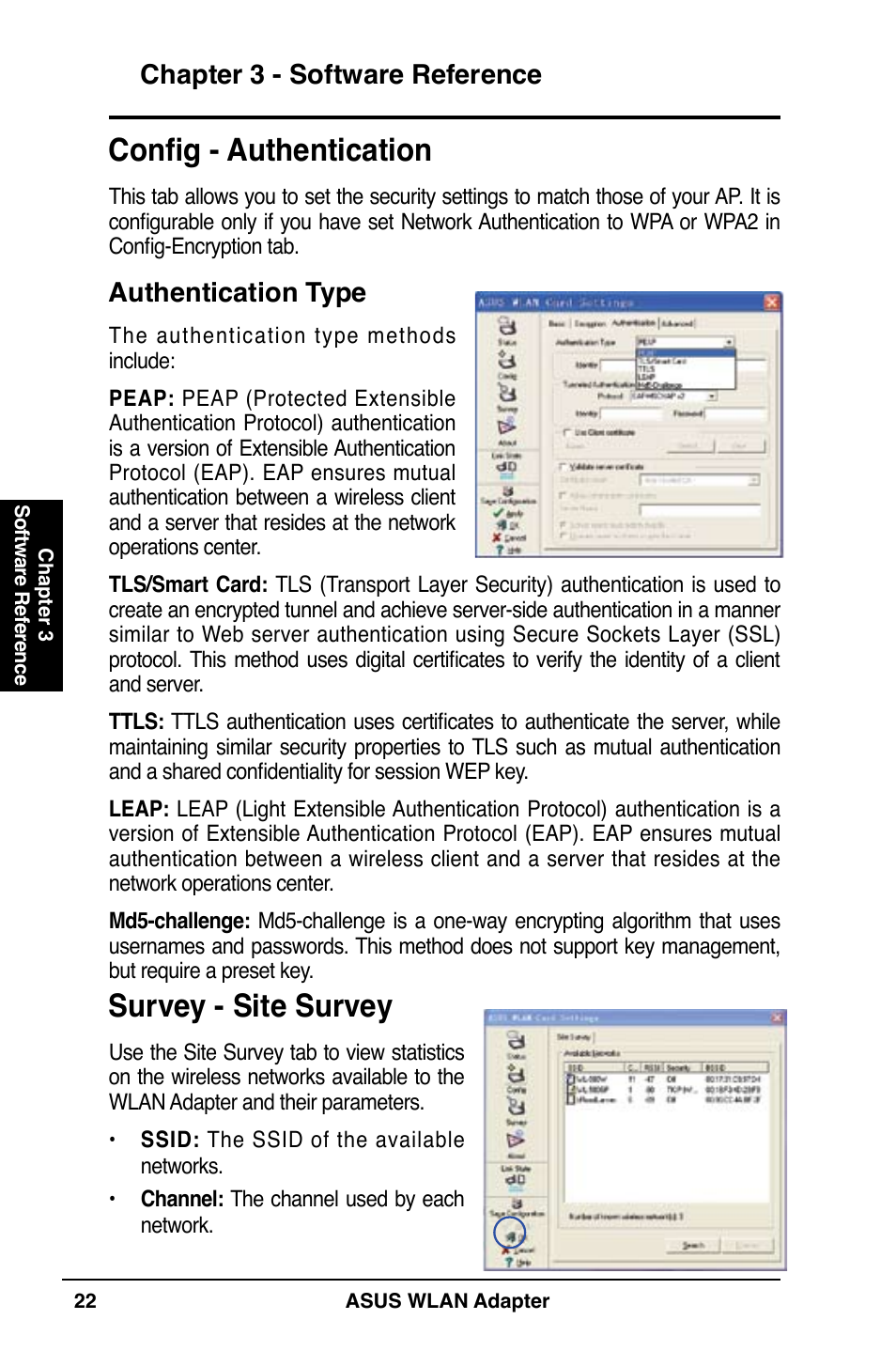 Survey - site survey, Config - authentication, Chapter 3 - software reference | Authentication type | Asus WL-160N User Manual | Page 22 / 38