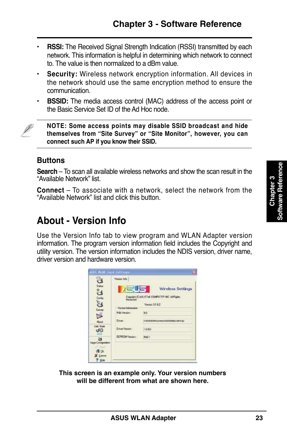 About - version info, Chapter 3 - software reference | Asus WL-160N User Manual | Page 23 / 38