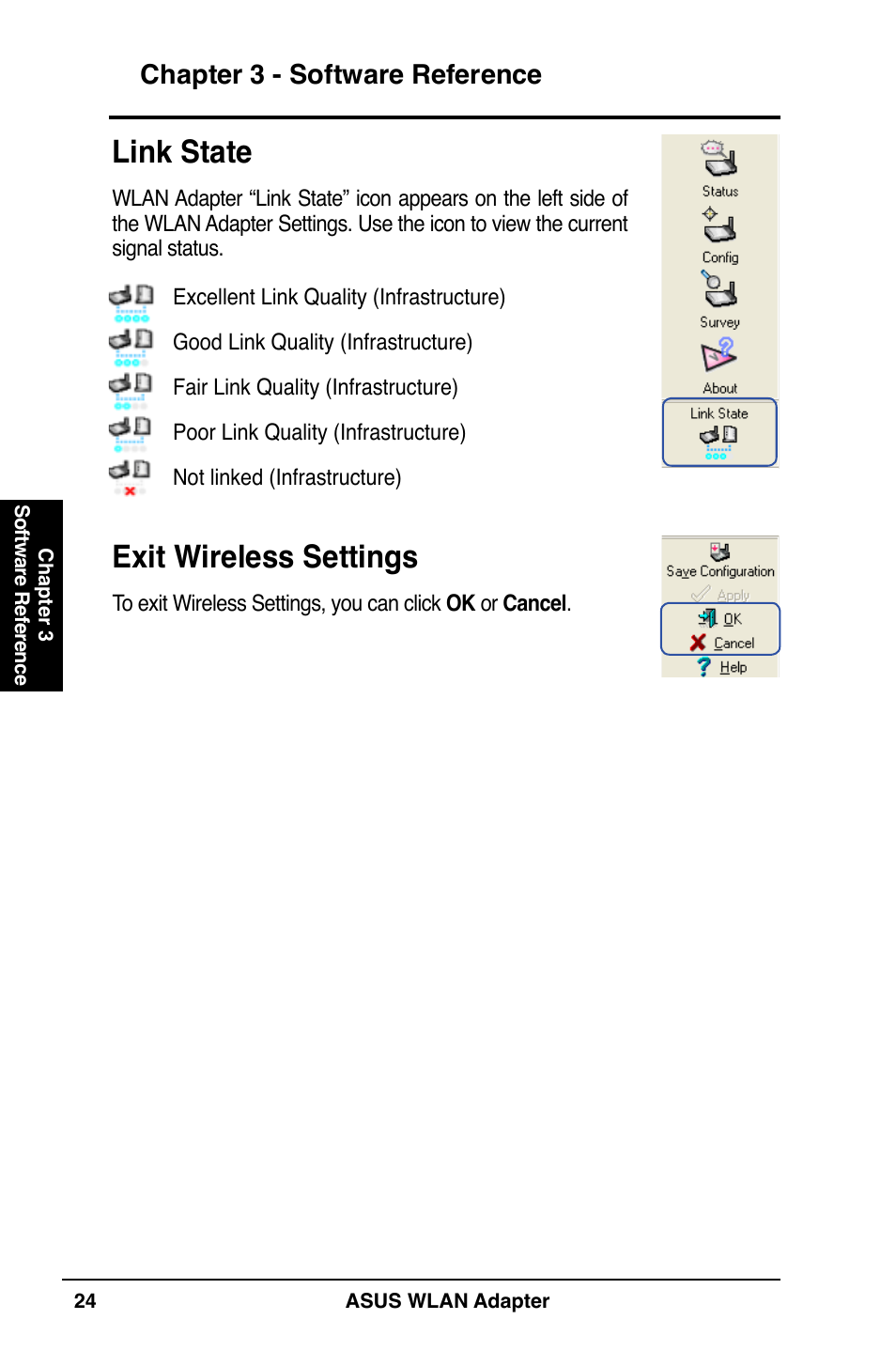 Link state, Exit wireless settings, Chapter 3 - software reference | Asus WL-160N User Manual | Page 24 / 38