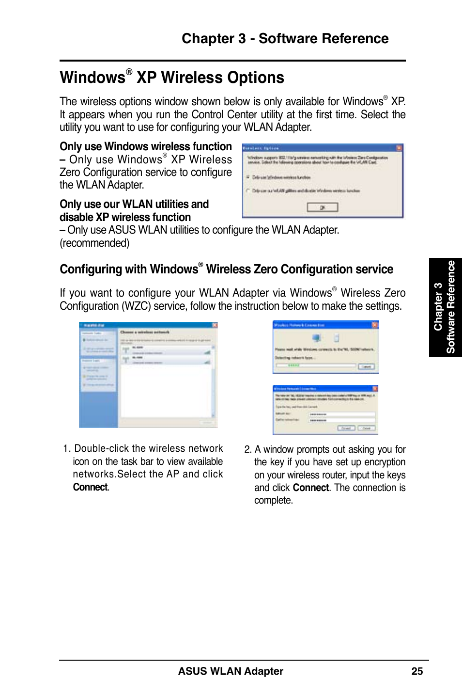 Windows, Xp wireless options, Chapter 3 - software reference | Configuring with windows, Wireless zero configuration service | Asus WL-160N User Manual | Page 25 / 38