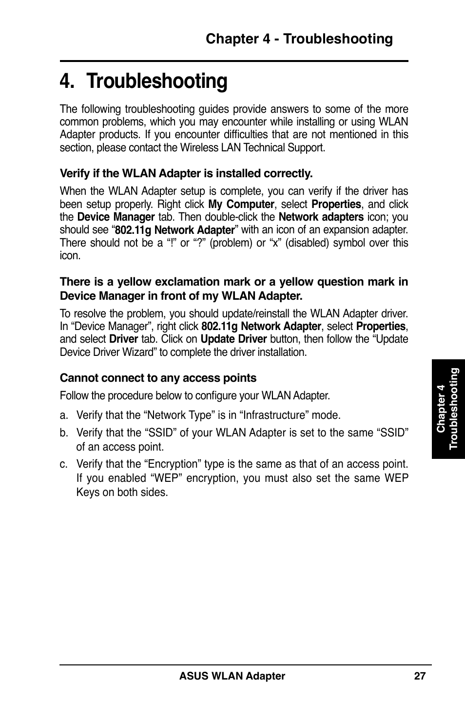 Troubleshooting, Chapter  - troubleshooting | Asus WL-160N User Manual | Page 27 / 38