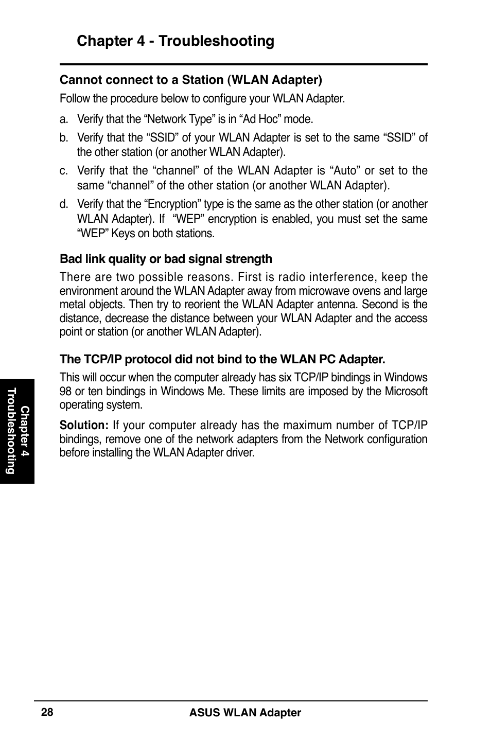 Chapter  - troubleshooting | Asus WL-160N User Manual | Page 28 / 38