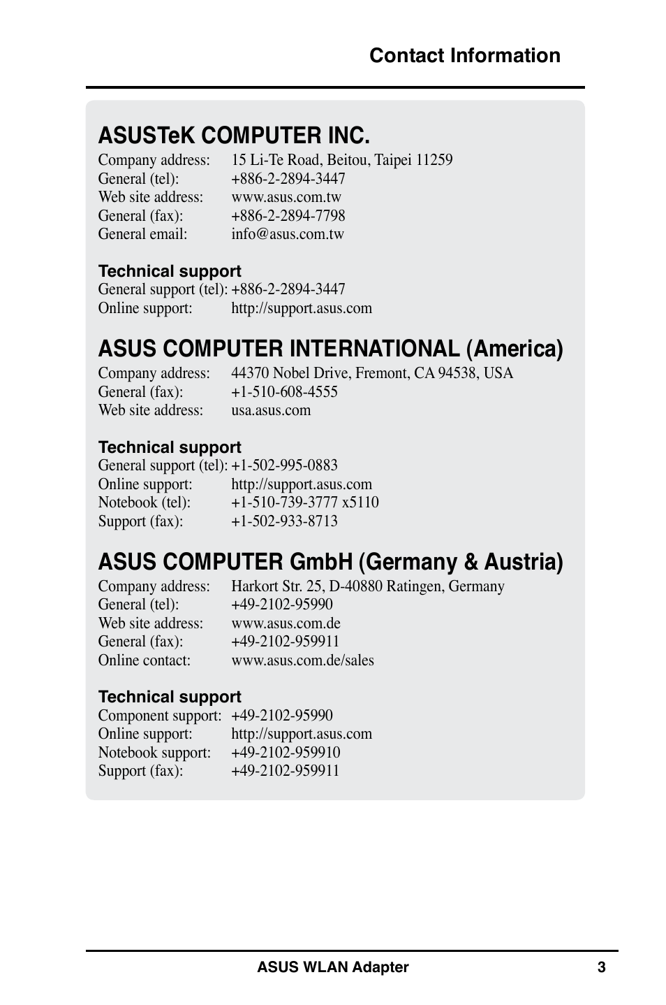 Asustek computer inc, Asus computer international (america), Asus computer gmbh (germany & austria) | Contact information | Asus WL-160N User Manual | Page 3 / 38