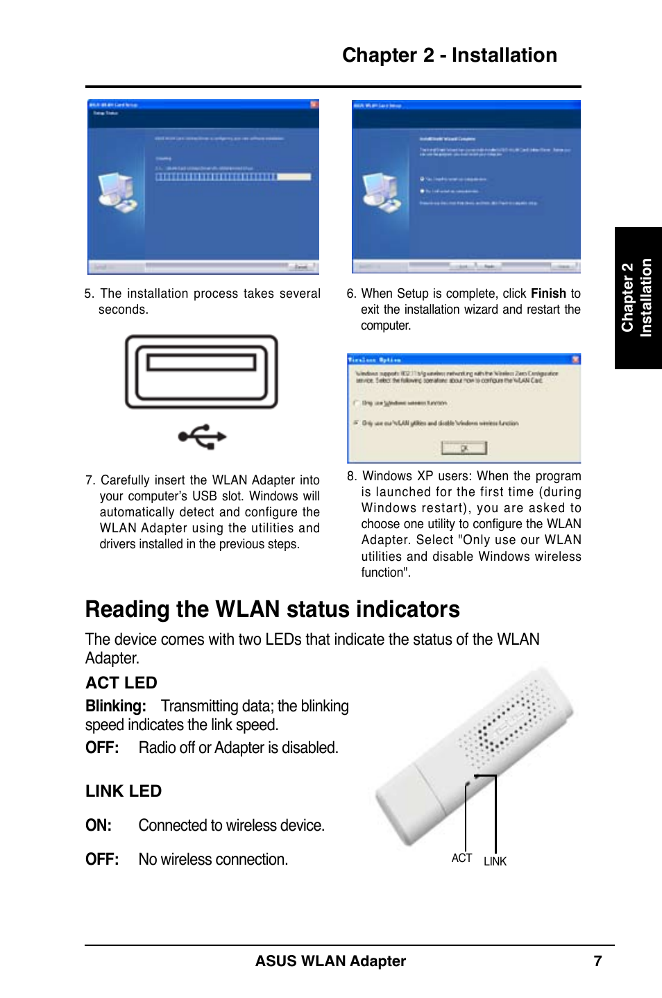 Reading the wlan status indicators, Chapter 2 - installation | Asus WL-160N User Manual | Page 7 / 38