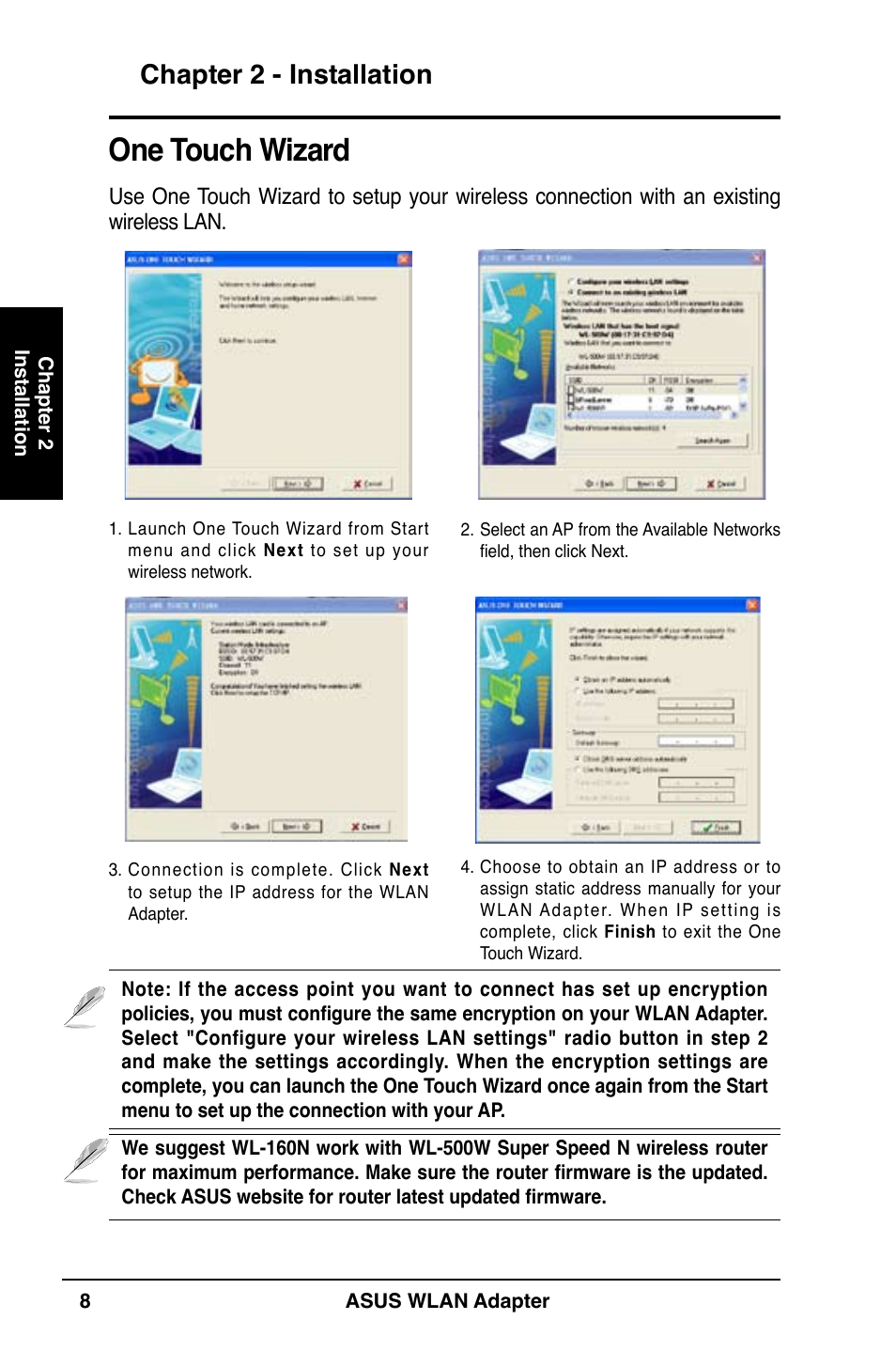 One touch wizard, Chapter 2 - installation | Asus WL-160N User Manual | Page 8 / 38