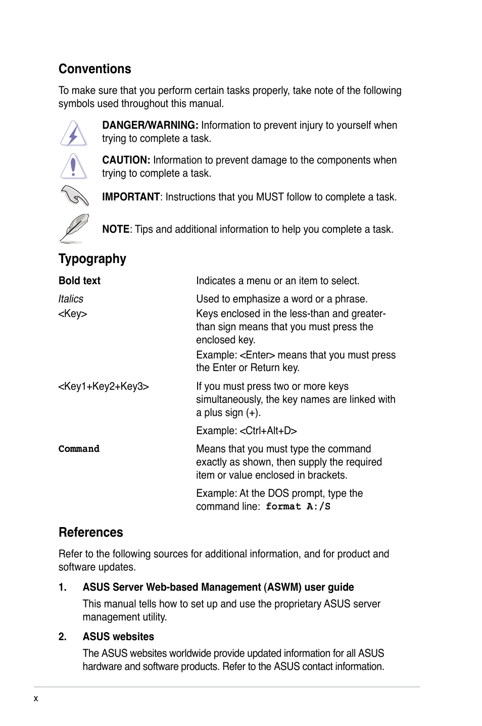 References, Conventions, Typography | Asus TS700-E6/RS8 User Manual | Page 10 / 166