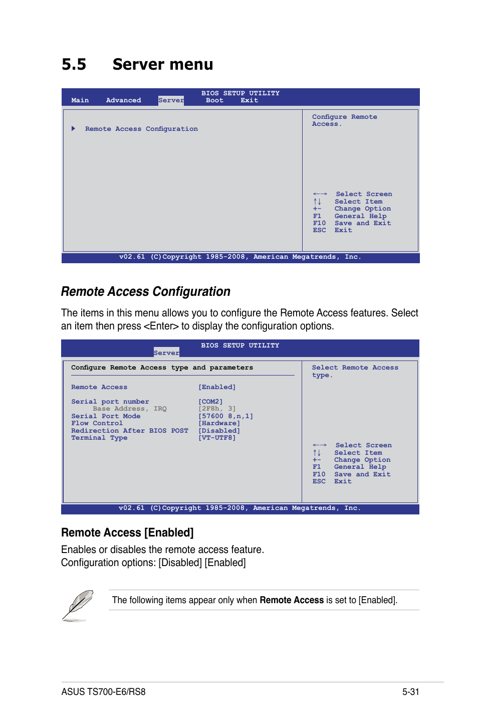 5 server menu, Server menu -31, Remote access configuration | Remote access [enabled | Asus TS700-E6/RS8 User Manual | Page 101 / 166