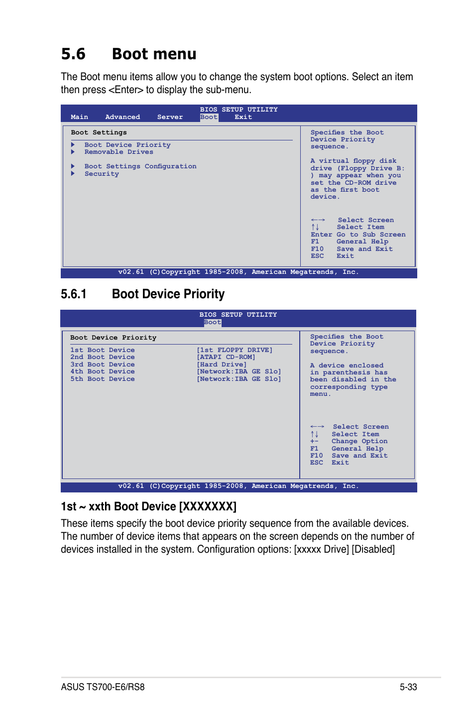 6 boot menu, 1 boot device priority, Boot menu -33 5.6.1 | Boot device priority -33 | Asus TS700-E6/RS8 User Manual | Page 103 / 166